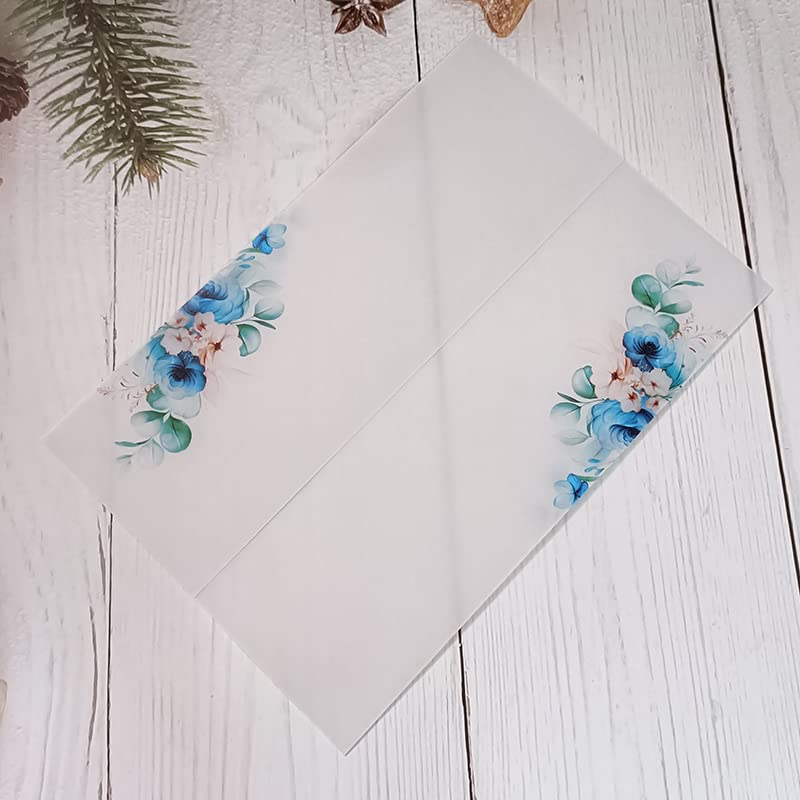 Karty z weluru, 50 sztuk/partia Kwiatowe Zaproszenia Ślubne Karta Wrap SemiInvites JacketJackets(Blue Flower 02)