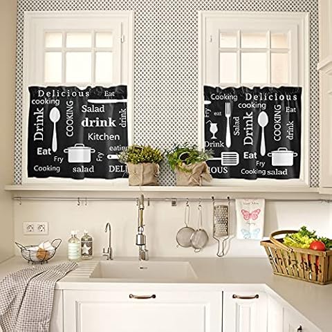 Kitchen Utensils Tier Curtains 27.5 x 36 Inches Long Wide Pocket Kitchen Curtains for Bedroom Kitchen, Minimalist Pots Pans Quilt Spoon Fork French Door Half Window Curtains for Patio Door Cover