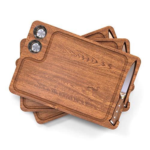 Yukon Glory Steak Board Gift Set for Serving Steak Meat and Poultry in Style Premium Sapele Wood Includes Sauce Cups and Steak Knife Set of 3