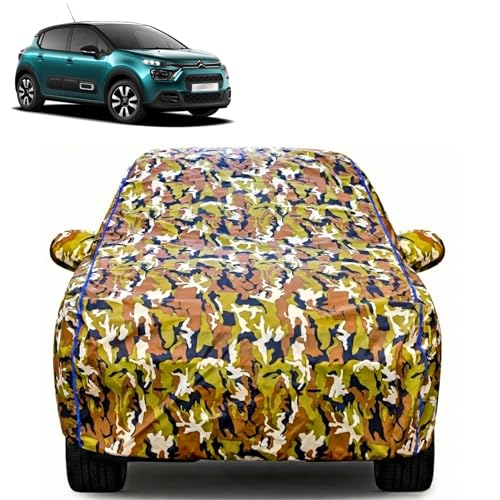 Image of Waterproof Car Body Cover for Citroen C3 with Mirror Pocket| Cotton Inner Lining | Triple Stitched | All Weather Protection | Dust, UV & Rain Proof (Camouflage with Blue Piping)