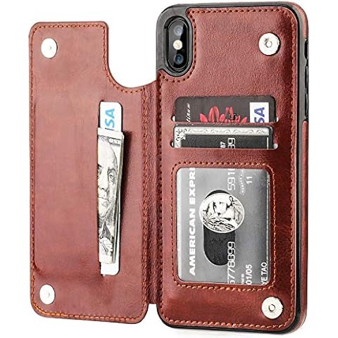iPhone Xs Max Wallet Case with Card Holder,OT ONETOP Premium PU Leather Kickstand Card Slots Case,Double Magnetic Clasp and Durable Shockproof Cover 6.5 Inch(Brown) Cover