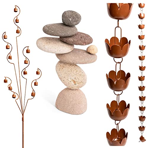 Happy Gardens Complete Garden Bundle – Includes Lily Cup Rain Chain, Zen Stacked Rocks Statue & Bell Spiral Garden Stake (Hand-Made, Easy Installation)