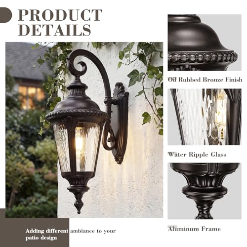 Image of Emliviar Vintage Outdoor Wall Mount Light for Porch, 24.4 Inch Wall Sconce Lantern Lamp in Oil Rubbed Bronze Finish, Water Ripple Glass, XE265B-M ORB-SW