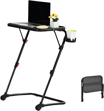 Homy Casa Adjustable Z Shaped Study Desk with Cup Holder, No Assembly Required,Space Saving Portable Laptop Foldable Table for Home Office Living Room & Bedroom, Sturdy Metal Frame with PP Top, Black