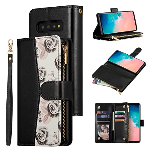 UEEBAI Wallet Case for Samsung Galaxy S10, PU Leather Case Magnetic Closure Handbag Zipper Pocket Case Kickstand Card Slots with Hand Strap Rose Flip Case for Women - Flower Black