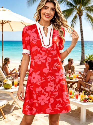 Image of Wkior Women's Summer Trim V Neck Mini Dresses with Pockets (S-XL) | Puff Short Sleeve, Trim Collar, Breathable Fabric, Lightweight Summer Clothes for Daily Wear, Sunset Beach Party