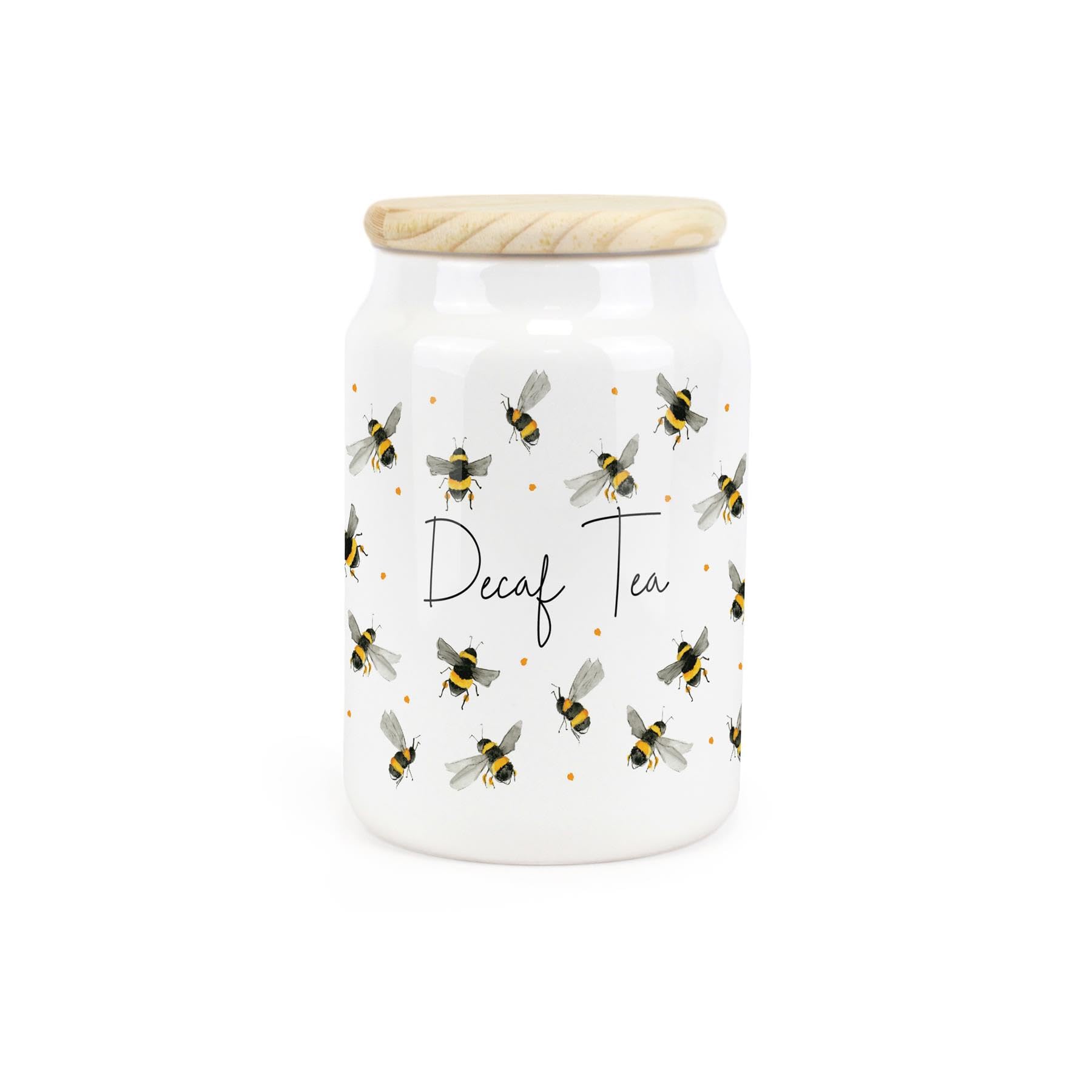 Purely Home Scattered Bees Ceramic Decaf Tea Storage Canister - Bumblebee Ceramic Kitchen Food Storage Container & Wooden Lid 600ml (14.5cm x 9.5cm)