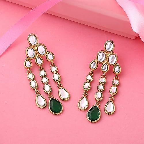 Estele Traditional Long Kundan Chandelier Earrings with green stone for women - Image 5
