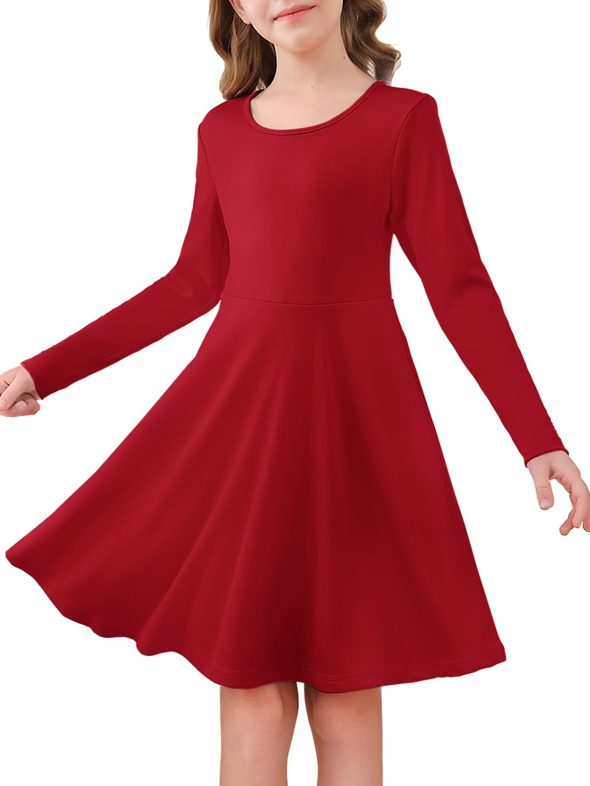 Haloumoning Girls Long Sleeve Skater Dress Kids Casual Crewneck A-Line Flowy Fall Dresses 5-14 Years