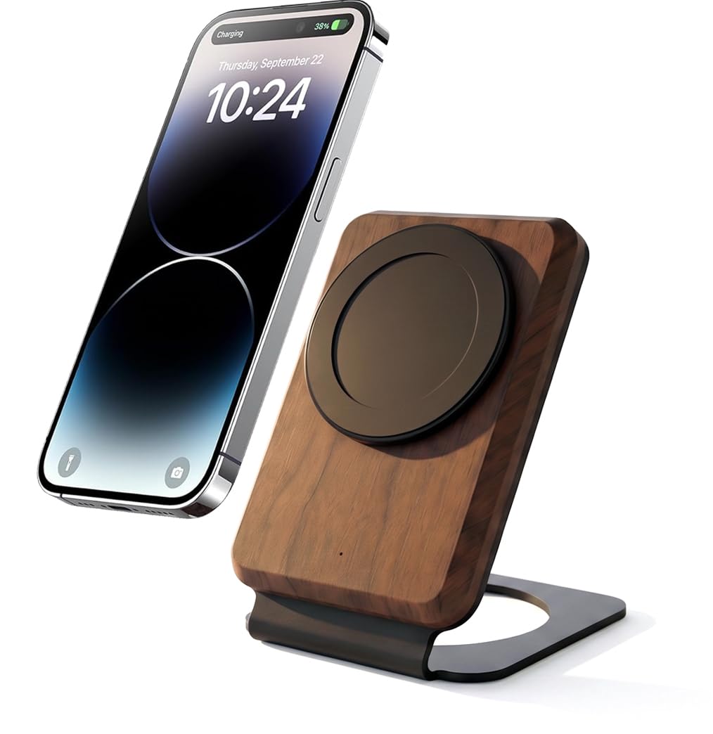 Supporto caricabatterie wireless in legno di noce, 15 W, dock di ricarica rapida compatibile con MagSafe per iPhone 17/16/15/14/13/12, accessorio estetico da scrivania e regalo tecnico per uomo