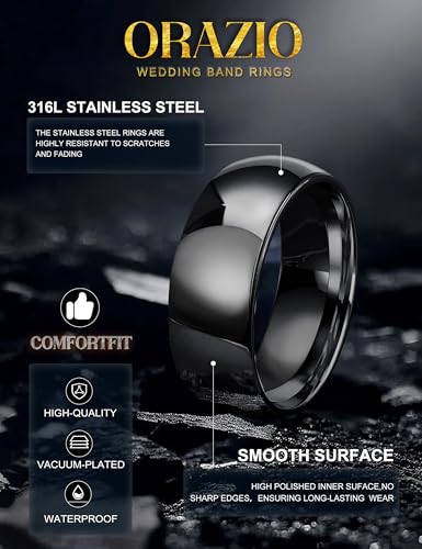 Image of ORAZIO Stainless Steel Rings for Men Women 6MM 8MM Wedding Band Rings Silver /Black /Gold Domed High Polished Basic Wedding Bands Comfort Fit Size 6-14