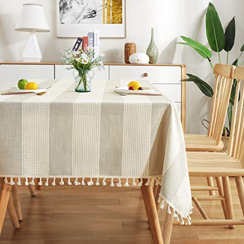 Amhoo Stitching Tassel Tablecloth Striped Table Cloth Rectangle Cotton Linen Dust-Proof Table Cover For Kitchen Dinning 54 X 86 Inch Beige #TOP4