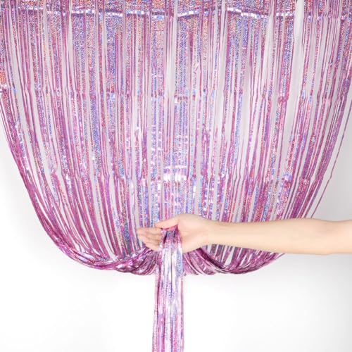 Miniatura 5 de Offcup Cortina De Oropel Rosa Claro, 3pcs Cortinas Metálicas Foil Fringe Cortinas Fiesta, 1m X 2m Flecos Rosa Claro Cortina De Borla, Para Decoración Pared Boda Cumpleaños Halloween Fiestas Navidad