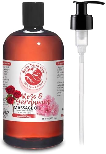 Aceite de masaje de rosa y geranio sin aceite mineral. Terapia de masaje de cuerpo completo de 16 onzas. Alivia el cuerpo y la mente. Fabricado con