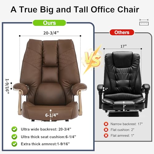 Image of EXCEBET Big and Tall Executive Office Chair with Footrest, 400LBS Capacity Ergonomic High-Back Desk Office Chair with Lumbar Support, Padded Armrests & Thick Cushion, Brown PU Leather Chairs