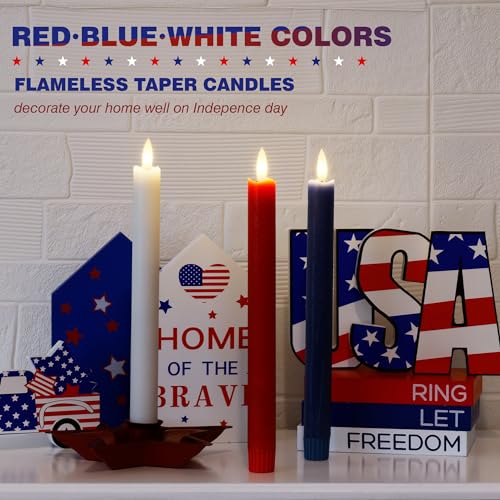 Image of Red White and Blue Flameless Taper Candles with Remote, 9.6 inch Real Wax Patriotic Flameless Candles, Battery Operated 4th of July Candlesticks, Flickering Independence Day Candle Decor, 3 Pack