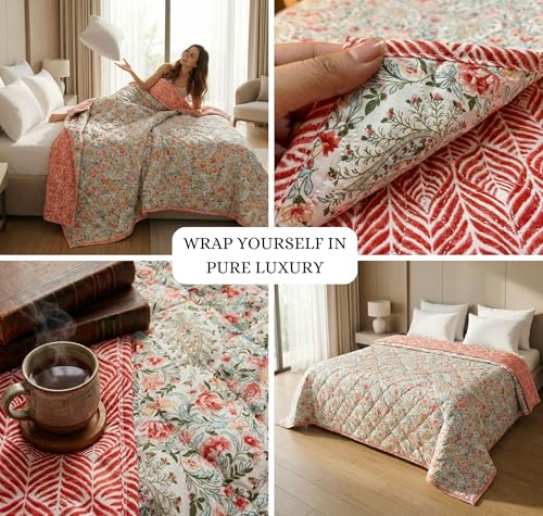 Image of VAS COLLECTIONS Ultrasonic 280 TC All Season King Size Bedspread /AC Blanket for Double Bed | Super Soft Quilted Bedcover /Rajai | Lightweight Durable Comforter | 80 x 90 Inches, Pink White