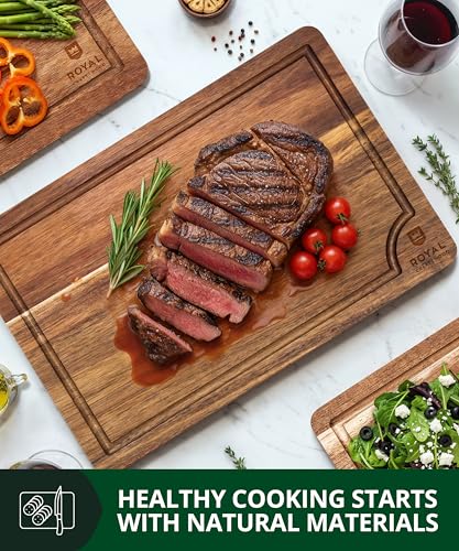 ROYAL CRAFT WOOD Acacia Wood Cutting Boards Set of 3 β Premium Wooden Cutting Boards for Kitchen Meal Prep & Serving - Charcuterie & Chopping Butcher Block for Meat with Deep Juice Groove Side Handles - Image 4