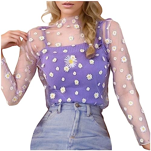 Image of Generisch Women's Transparent Long Sleeve Top Daisy Stars Dots Mesh Blouse Half Height Sexy Top Clubwear Party, A-purple, One Size