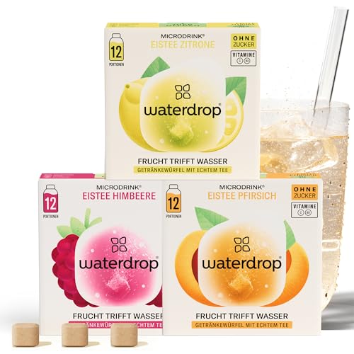 waterdrop Eistee Mix - 36 Drops Pfirsich Zitrone & Himbeere - zuckerfreier Durstlöscher & Alternative zu Sirup und Getränkepulver - Ice Tea mit Vitaminen & Schwarzem Tee für Wasser mit Geschmack