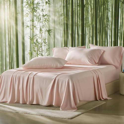 Image of 100% Viscose Derived from Bamboo Sheets Queen Size, Soft & Cooling Viscose from Bamboo Sheets Set, Organically Grown,Breathable & Soft Deep Pocket Up to 18 Inches(Light Pink)