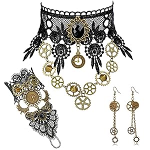HOWAF Steampunk Accesorios Mujer, Steampunk Conjunto de Collar de Encaje Negro Guantes de Encaje sin Dedos Pendientes Steampunk Joyas Set para Mujeres Niñas Halloween Punk Accesorios de Vestuario