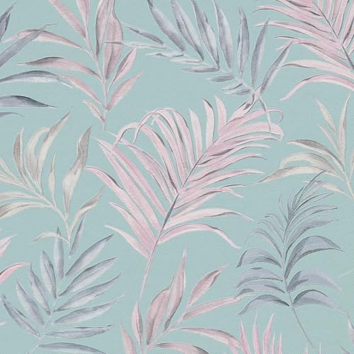 Profhome Papel pintado floral 791082-GU Papel pintado no tejido azul rosa gris turquesa-menta 0,53 m x 10,05 m / 5,33 m2