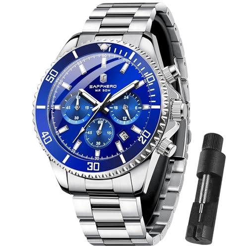 SAPPHERO Uhren Herren Chronograph Analog Quarz 50M Wasserdicht Armbanduhr Herren Mode Lässig Business Herrenuhren mit Kalender Edelstahlarmband Uhr Geschenk für Männer SAPPHERO Uhren Herren Chronograph Analog Quarz 50M Wasserdicht Armbanduhr Herren Mode Lässig Business Herrenuhren mit Kalender Edelstahlarmband Uhr Geschenk für Männer