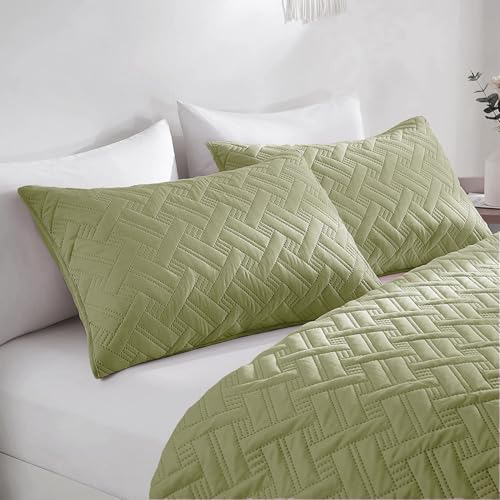 Image of BSB HOME 100% Cotton Ultrasonic 280 Tc Solid King Size Quilted Bed Cover /Bedspread /Rajaai with 2 Pillow Case, (Luxurious, Olive Green or Pastle Green, 90X100 Inches, 254X228 cm)