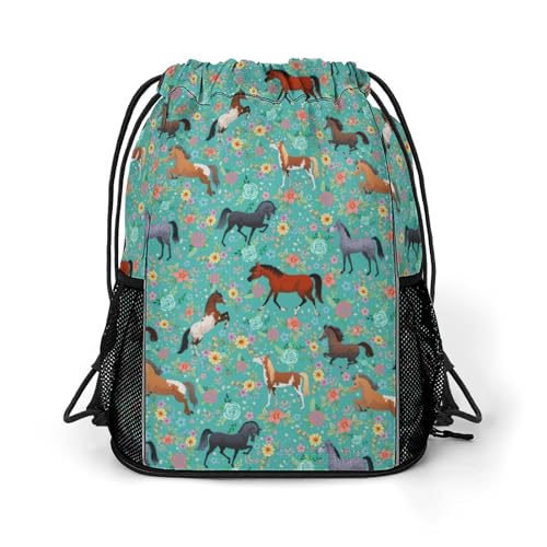 Horse Flower Drawstring Backpack Gym Bag With Shoe Compartment String Bag Sport Beach Swimming Sackpack For Women Men