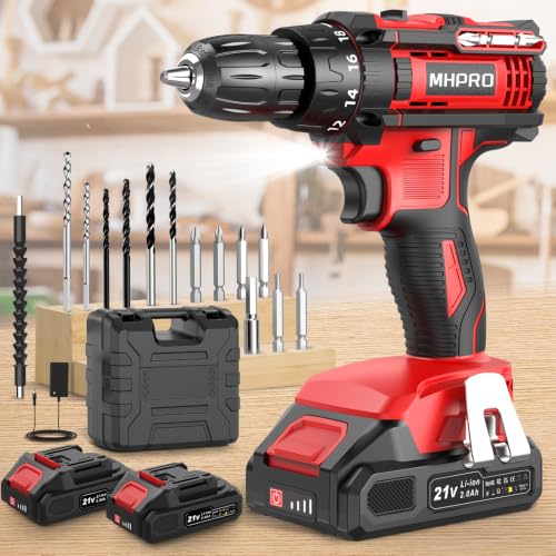 MHPRO Taladro Percutor a Bateria 21V, Taladro Atornillador Bateria con 2 Baterías 2000mAh, 42Nm, 18+1 Ajuste de Par Destornillador Electrico, 14 Accesorios, 2 Velocidad, LED Luz Para Hogar, Bricolaje