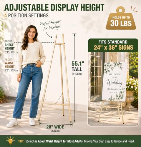 57.5 Inch Gold Easel Stand for Sign, Heavy Duty Metal Display Easel with Adjustable & Stable Frame, Adjustable Sign Holder for Wedding, Retail, Poster, Event & Gallery Display, 1 Pack by PIPZEN - Used condition - Image 2