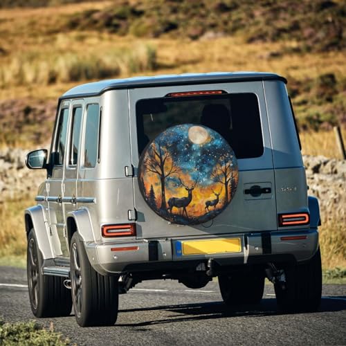 Image of Starry Sky Deer Spare Tire Cover Wheel Protectors Weatherproof Deer Pattern Wheel Covers Universal Fit for Trailer RV SUV Truck Camper Travel Trailers Accessories 16 Inch