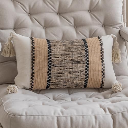 vctops Boho Cotton Linen Decorative Throw Pillow Covers with Tassels 16x24 Inch Soft Farmhouse Neutral Stripe Pillow Covers Accent Macrame Woven Tan Cushion Case for Couch Sofa Car (Type J,16"x24")