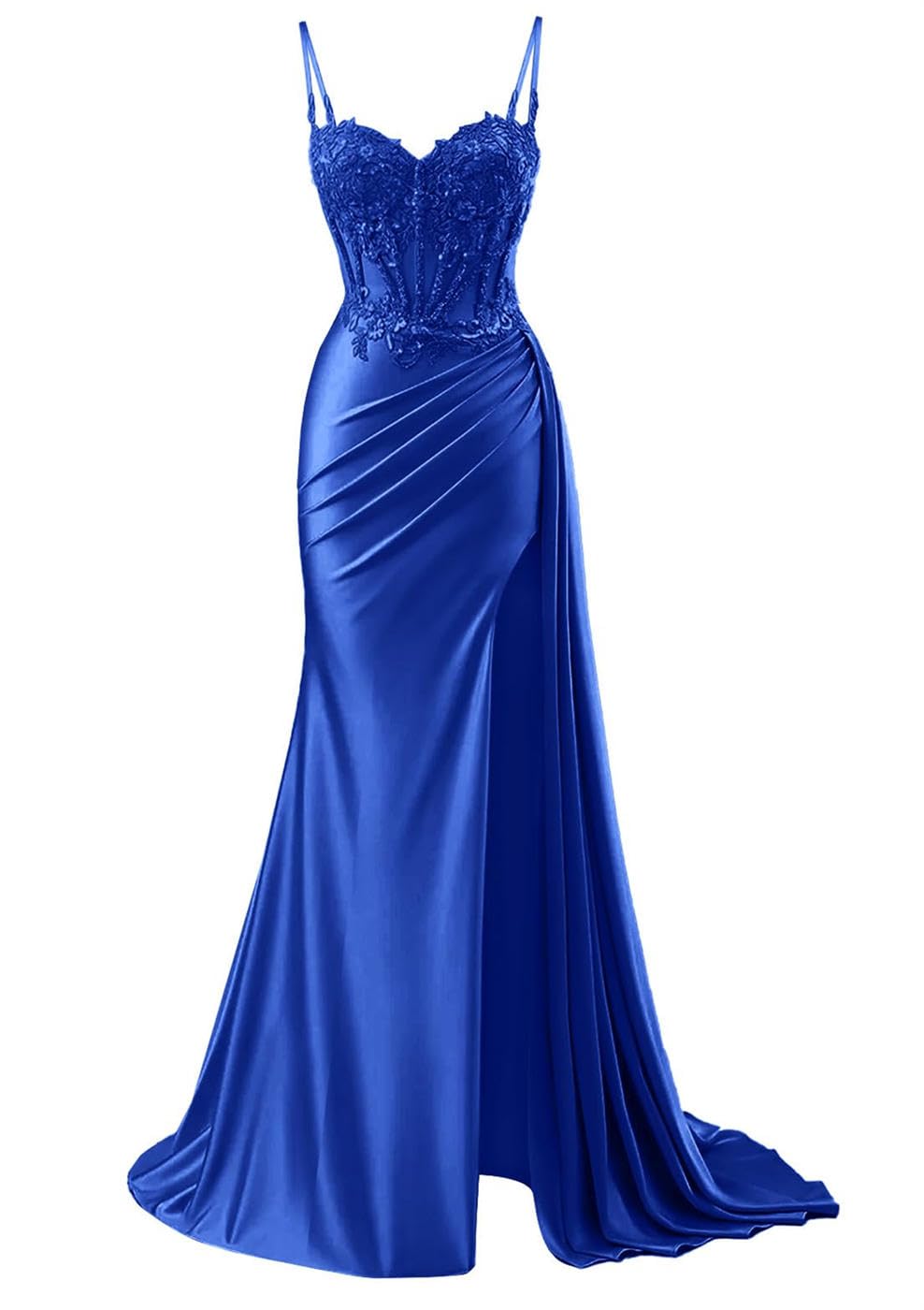 KIYNE Lace Applique Satin Prom Dresses with Slit for Teens Mermaid Celebrity Pageant Dress Royal Blue Formal Party Gown UK12