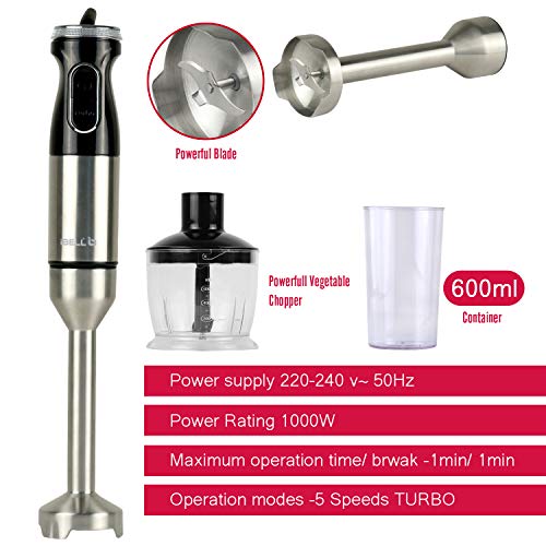 Image of iBELL HB1300K 1000W 4 in 1 Hand Mixer with Whisker, Beater, Blender & Vegetable Chopper /Cutter. Electric Cream Maker with 5 Speed Turbo Motor, 600ml Container (Black)