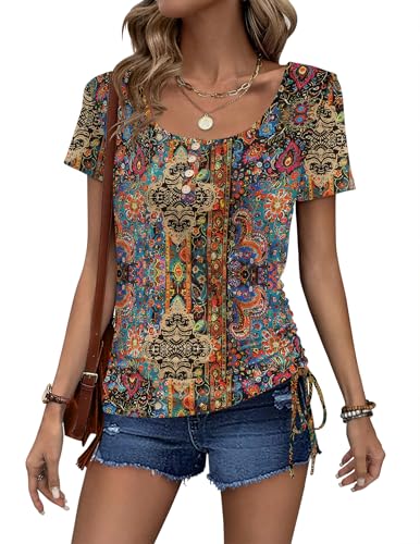 Womens Tops Short Sleeve Summer Henley Shirts Scoop Neck Ruched Blouses Dressy Casual Tunics Loose Fit Tops 2025 Trendy