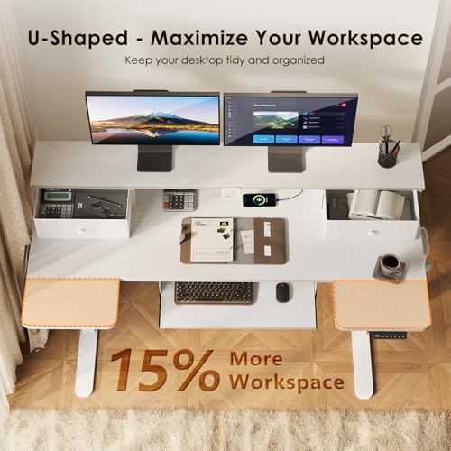 Image of OffiGo U Shaped Electric Standing Desk with Drawers, 55 Inch Height Adjustable Desk with Keyboard Tray & Ergonomic Monitor Stand, Sit Stand Table with Power Outlets for Home, Office, White