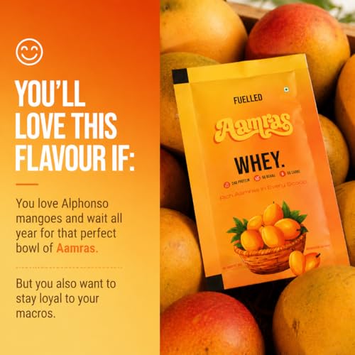 Image of FUELLED Whey Protein Powder with 24g Protein, 5g BCAAs, Aamras Flavour, 1 kg, 28 Servings, Gluten Free, Post Workout Recovery Supplement