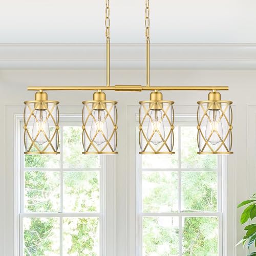 Osimir 4-Light Kitchen Island Lighting, Modern Brushed Gold Dining Room Light Fixtures with Clear Glass, Farmhouse Industrial Linear Chandelier Pendant Light with Adjustable Chain, CH9176BG-4IS