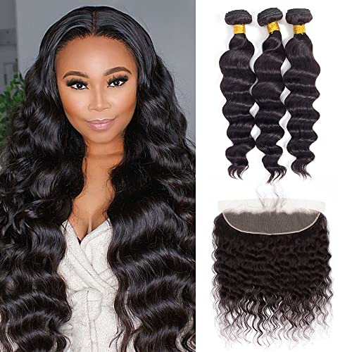 Kapelli Hair Human Hair Bundles with Frontal Loose Wave 3 Bundles Brazilian Virgin Hair with 13x4 Lace Frontal Ear to Ear Loose Wave Virgin Hair Bundles with Closure Natural Black