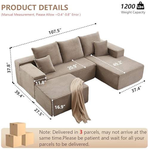 Image of 107 inch Modular Sectional Sofa with Ottoman, Modern Corduroy Cloud Couch with Deep Seat, Boneless Couch Upholstered 3-Seater U-Shaped Sofa for Living Room, No Assembly (Camel, Right-Facing Chaise)