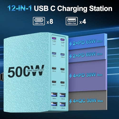 Image of 500W USB C Charger Block, 12-Port USB C Charging Station for Multiple Devices, Leather Texture Dual PD 65W Laptop Fast Charger Compatible with MacBook Pro /Air, iPad, iPhone,Galaxy and More,Green