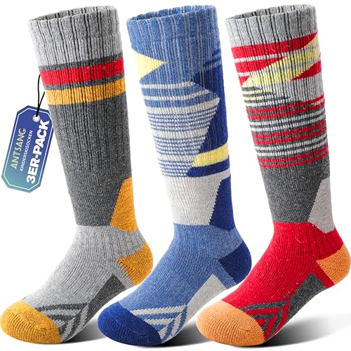 ANTSANG 3 Paar Kinder Merino Woll Skisocken für Jungen und Mädchen Thermische warme dicke Wintersocken mit Polsterung für Snowboarden und Skifahren