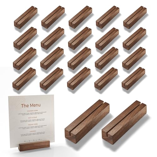 Tidita 20 pcs Oak Wood Place Card Holder Walnut Color - Wooden Acrylic Sign Holder Table Decor - Picture Display Stands, Centerpieces Table Number Signs for Holiday Decoration Wedding Party Events