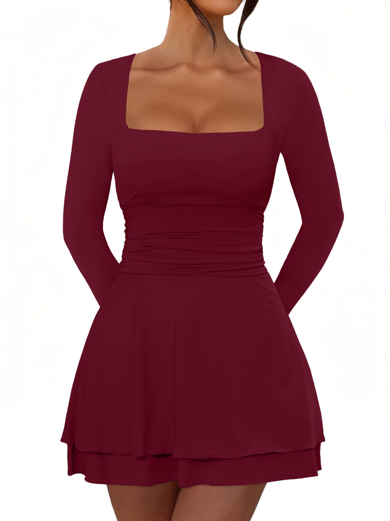 Womens Square Neck Mini Dress Long Sleeve Ruffle Hem Corset Ruched Waist Short Party Dresses