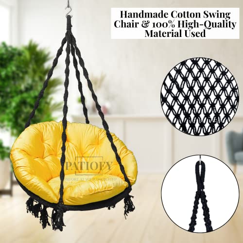 Image of Swing for Balcony /Swing for Adult /Swing for Adults for Home /Jhula for Adults /Swing for Living Room /Jhula for Home /Premium Cotton Round Swing Chair with Large Yellow Sitting Cushion (Black)