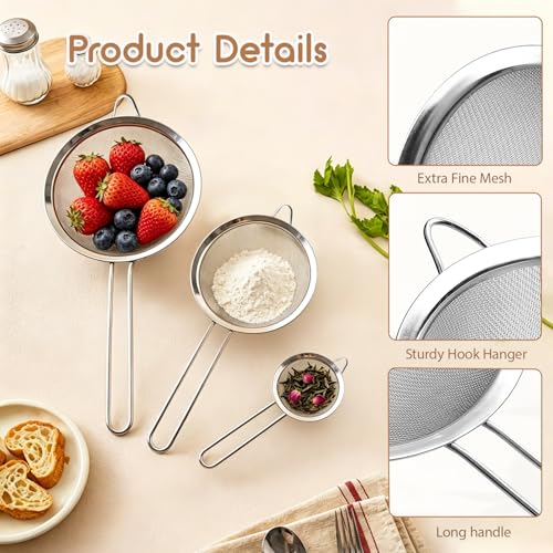 Fine Mesh Strainer Set of 3, Stainless Steel Sieve Sifters with handle, Small Medium Large Size, Kitchen Strainers Colander Set for Sifting, Straining & Cooking