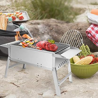 SunJas Holzkohle-Grill, faltbar, Edelstahl, Grill, Tischgrill, Picknick, tragbar, Maße 55 × 26,5 × 32 cm, Silber – Bild 8