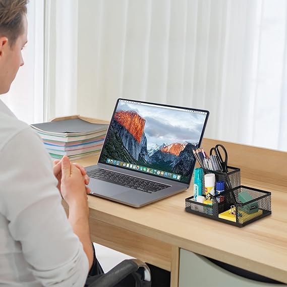 Mesh Desk Organiser Black Pencil Holder Tidy 3 Compartment Desktop Stationery Storage Tool Sticky Notes Organizer & Pen Holders Ideal For Bed Room Class Room & Office Table Accessories - Image 3
